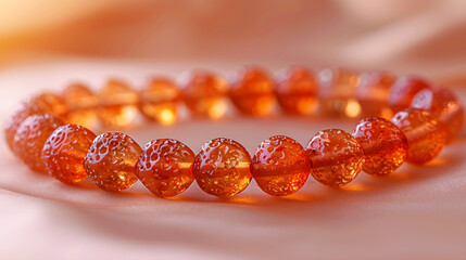  Spiritual Orange bracelet of glass beads on a peach background. Trendy color. Close-up, copy space