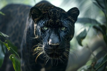 Graceful Movement of the Rare Black Panther in Southeast Asian Misty Jungles Generative AI - obrazy, fototapety, plakaty