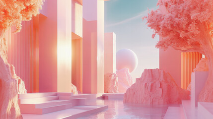 Cenário futurista abstrato com pilares, nuvens e esferas, todos em tons de pêssego pastel, surrealista