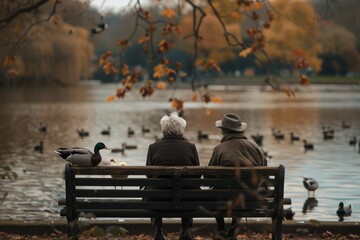 Elderly Couple Sharing Stories on a Peaceful Lake Bench while Feeding Ducks Generative AI