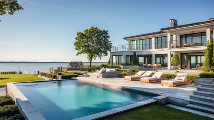 Obraz premium Mediterranean inspired villa with a sprawling garden and a private beach access in the exclusive Hamptons, New York