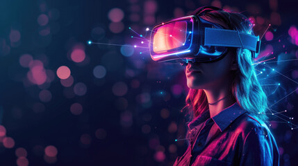 Young woman uses VR headset on abstract dark tech background, portrait of girl wearing futuristic glasses. Theme of technology, virtual reality, future, light, banner. - obrazy, fototapety, plakaty