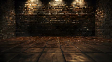 Fotobehang A Cozy Retreat: Dimly Lit Room with Tiled Floor and Brick Wall Backdrop © Tharshan