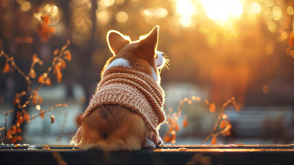 A serene scene of a Corgi watching a sunset, wearing a soft, knitted birthday scarf, with the warm...