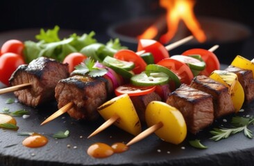 Bar-B-Q or BBQ with kebab cooking. coal grill of chicken meat skewers with mushroom and peppers....