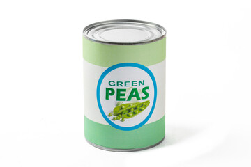 A fake generic labelled food can of green peas isolated on white