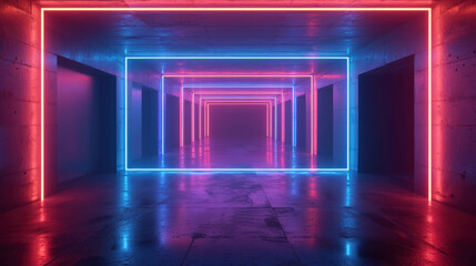Neon concrete garage background, empty futuristic long room with led lighting, interior of abstract modern hall or tunnel. Concept of warehouse, corridor, future, studio, industry