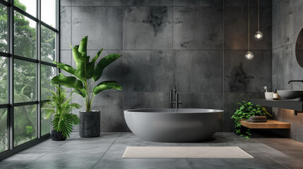 Modern luxury bathroom interior with green plants, window and concrete walls in tropical house or building. Theme of contemporary bath room design, apartment, bathtub; - obrazy, fototapety, plakaty