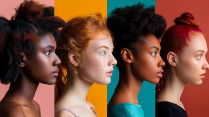 Side view portrait of multiethnic women headshot isolated on different background colors. Racial diversity concept