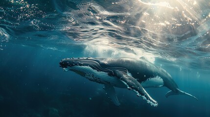 Baby Humpback Whale Plays Near the Surface in Blue Water