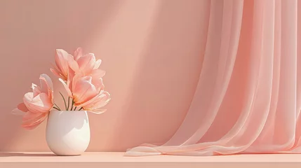 Foto op Plexiglas Vaso branco com flores rosa bebê, em um fundo neutro com cortinas em tons de pêssego pastel © Raul
