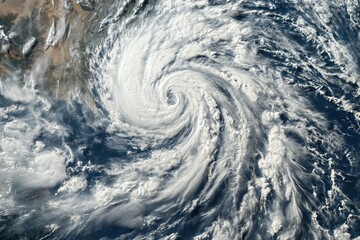 Aerial view of a massive cyclone formation over the ocean, showing swirling clouds. - obrazy, fototapety, plakaty