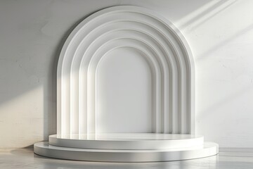 Minimalist Cylindrical Podium with Arch-Shaped Battens Backdrop Generative AI - obrazy, fototapety, plakaty