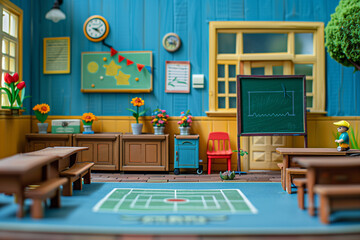 Plastic toy diorama model of a school classroom - obrazy, fototapety, plakaty