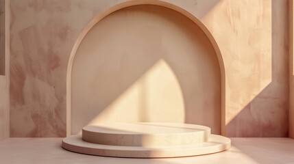 Minimalist Arch-Shaped Podium with Soft Pastel Battens Backdrop Generative AI - obrazy, fototapety, plakaty