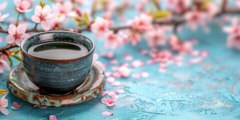 Obraz na płótnie Canvas A cup of green tea is surrounded by flowers on a light background. Concept: Health and well-being, morning rituals and tea ceremony, spring mood.