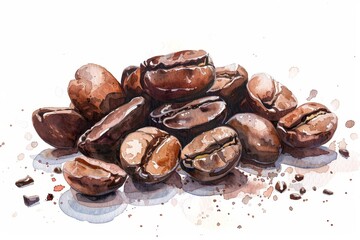 Watercolor Painting of Roasted Coffee Beans on White Background Generative AI