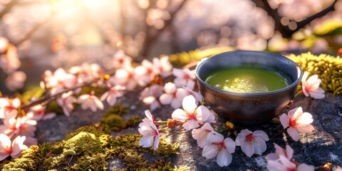 Cup with green matcha drink on a blurred background. Copy space banner.
Concept: Tea ceremonies and spring tea - obrazy, fototapety, plakaty