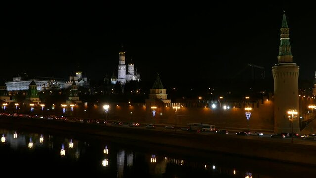 Moscow Kremlin on of Moskva-river at night