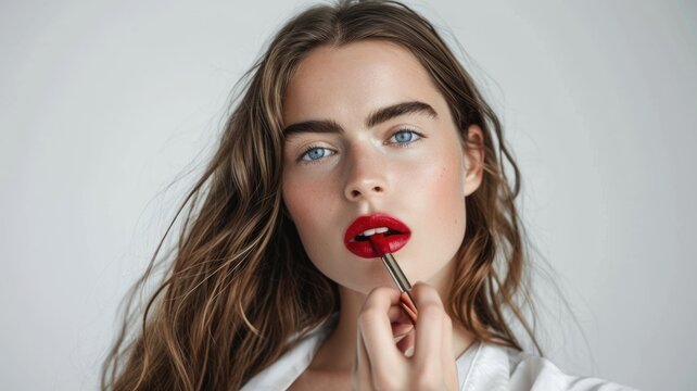 The picture of the red lips young beautiful europe woman looking at the camera while holding the red lipstick near the mouth while wearing white shirt with white background for advertisement. AIGX01.