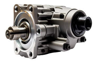 A shiny metal gear pump standing out against a clean white background