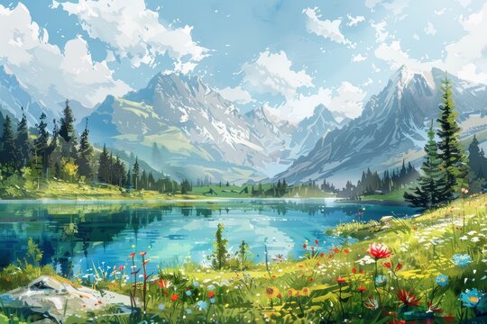 Spring Watercolor Landscape with Mountains, Lakes, and Flowers Generative AI