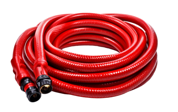 A vibrant red hose with two sleek black hose ends intertwined