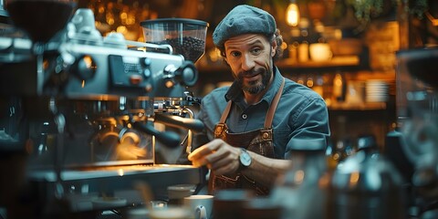 Barista in uniform preparing coffee at a bar counter with a coffee maker in a kitchen setting. Concept Coffee Preparation, Barista, Kitchen Setting, Espresso Machine, Coffee Counter - obrazy, fototapety, plakaty
