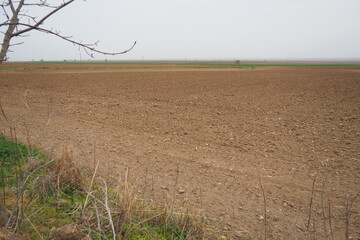 A tractor-plowed field in Chalma, Serbia. Agribusiness. Agricultural land. Fertile black soil. Row...