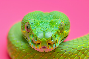 Neon colored green snake against a pink background