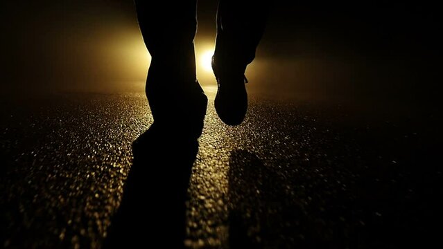 Close Up Of Walking Feets In Dark Spooky Night Police Crime Observation Criminal Drug Dealer, Spooky Darkness Night Scenery Background Silhouette Of One Person Walking In Front Of Car Lights