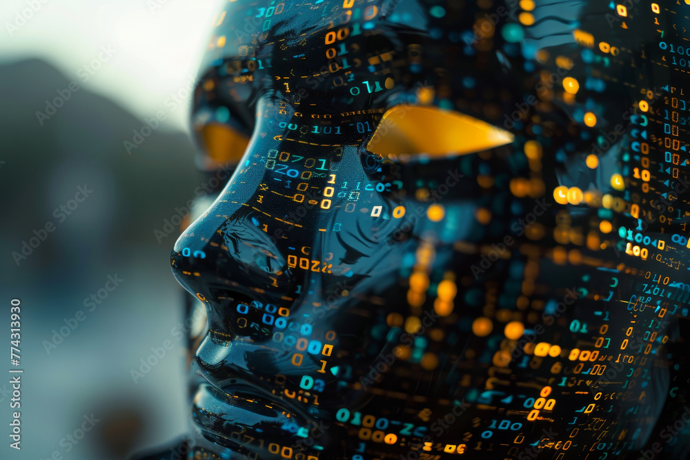 Poster a face made of binary code with a yellow eye