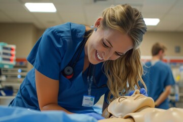 Smiling young nurse practicing with a mannequin