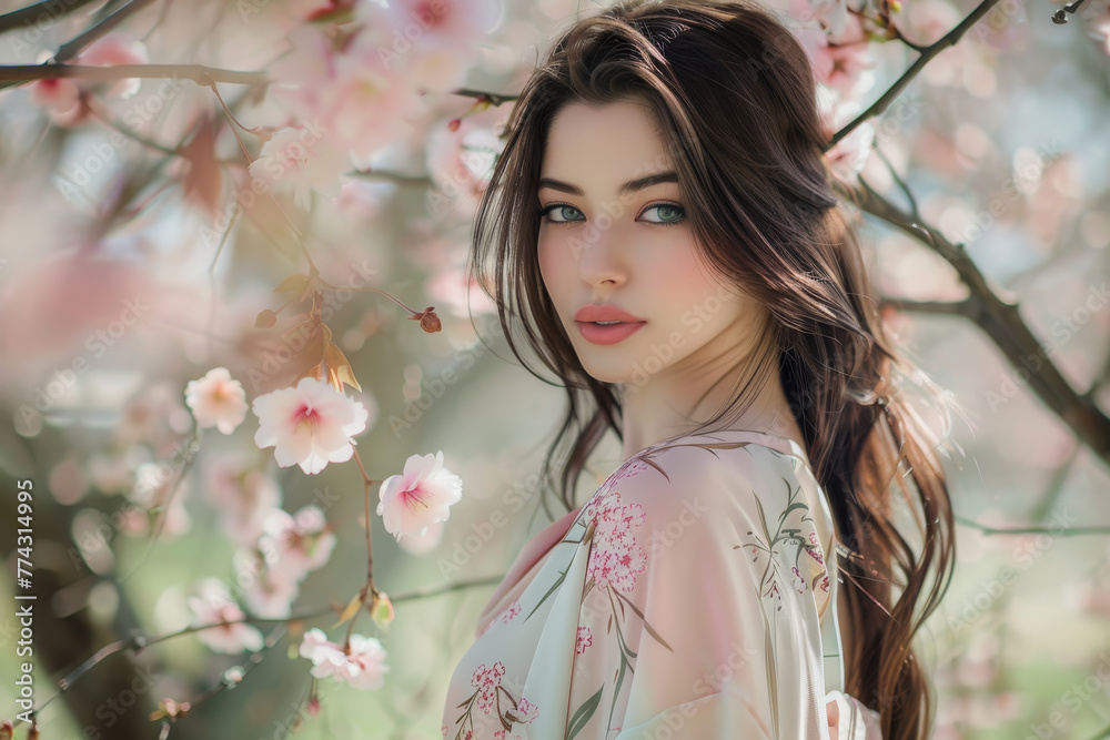 Wall mural A woman is standing in front of a tree with pink flowers