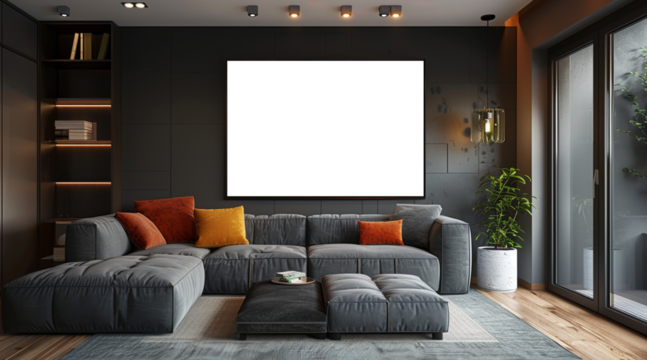 Fragment of a living room with a transparent picture frame hanging on the wall. The concept of the possibility of presenting a purchased reproduction of any painting.