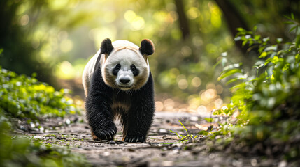 Panda in Natural Habitat, Panda Bear Ambling Through Forest Path, Bear in the Woods - obrazy, fototapety, plakaty