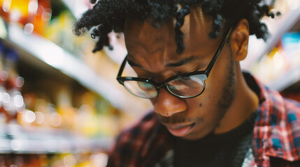 Naklejka premium African american man with afro hairstyle and eyeglasses shopping in supermarket