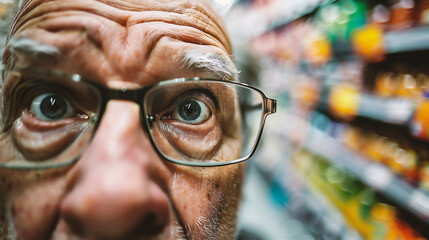 Shocked man looking at the supermarket trolley in the grocery store