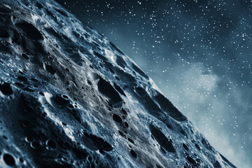 A rocky surface with many craters and a blue sky with stars - obrazy, fototapety, plakaty