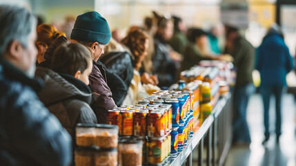 Canned food in the supermarket. Selective focus. people