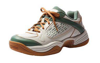 A white and green tennis shoe with brown laces