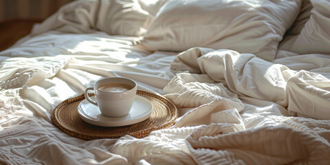 cozy unmade bed with clean white sheets and coffee cup on a wooden tray in morning light, elegant hotel concept