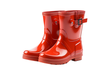 A vibrant pair of red rain boots standing gracefully on a white background