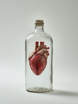 A human red heart, inside a glass bottle, isolated on white background
