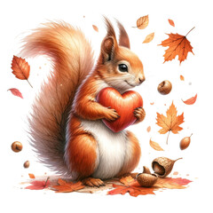 Squirrel holding a heart-shaped nut in autumn - A charming squirrel clasps a heart-shaped nut amidst a fall scene with leaves and acorns, conveying warmth and affection