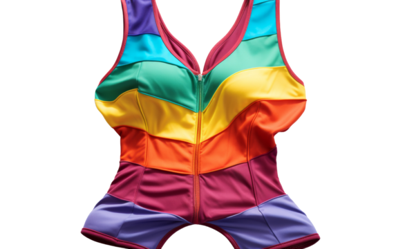 A vibrant, multicolored womens swimsuit with a unique and artistic design