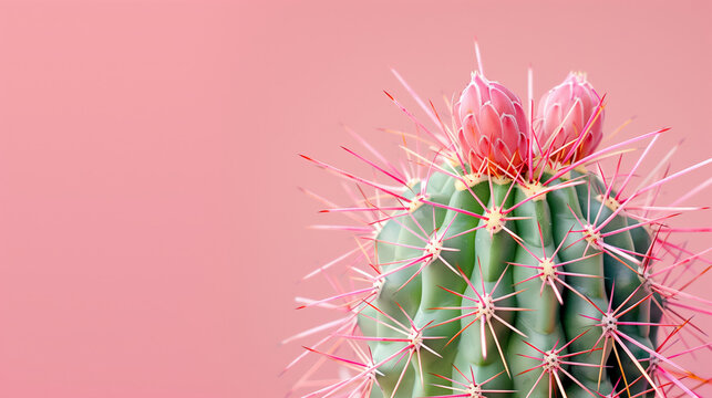 Closeup of flowering cactus spikes isolated on a pink background