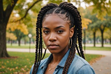 Portrait of a Stylish pensive beautiful African American lady with African braids seriously looking at camera in park