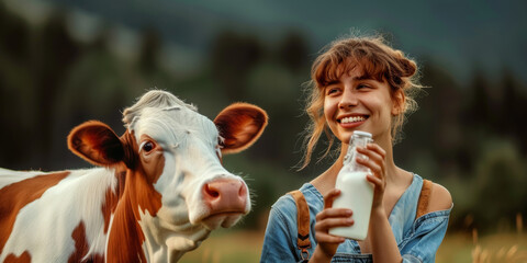 close up cow and smiling farmer woman holding a bottle of whole milk on a field in summer farm...