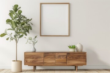 mockup featuring a blank poster frame on a white wall above a wooden sideboard with a small green plant